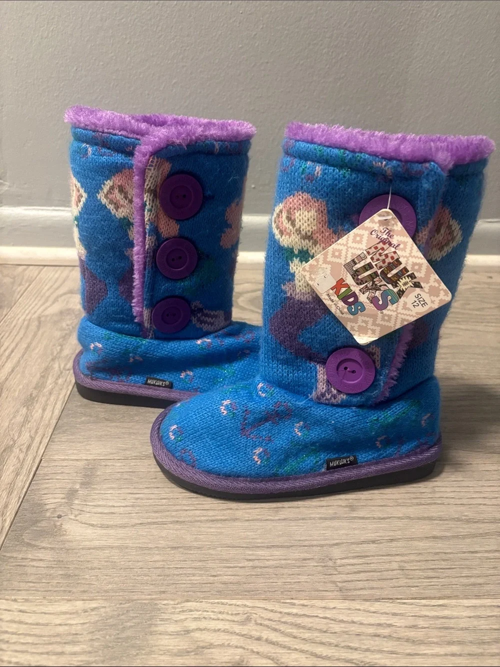 Kids Original Mukluks Blue and Purple Button-Up Winter Boots with Mermaid Design
